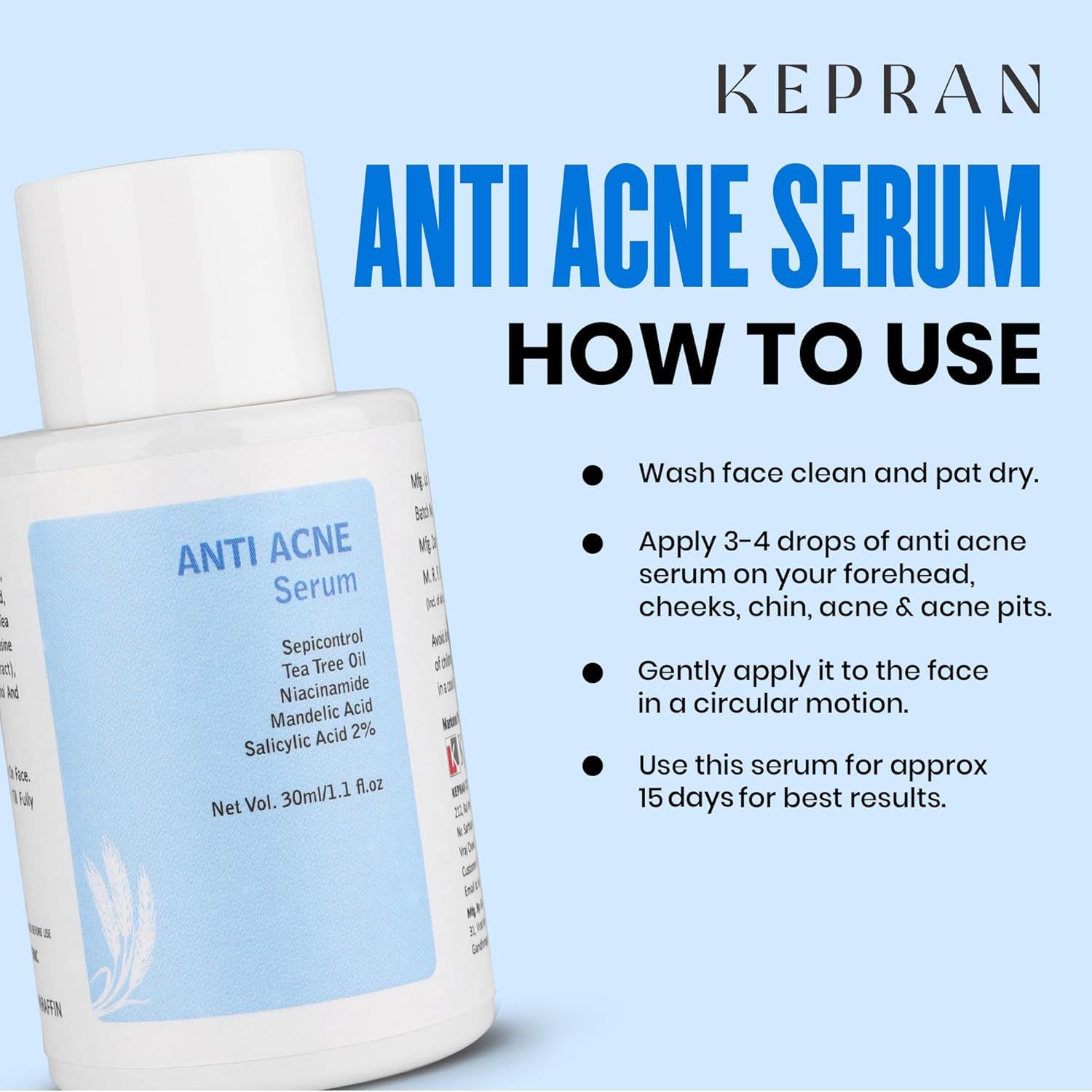 Anti Acne Serum with Tea Tree Oil, Niacinamide, Mandelic Acid, Salicylic Acid 2%, 30ml